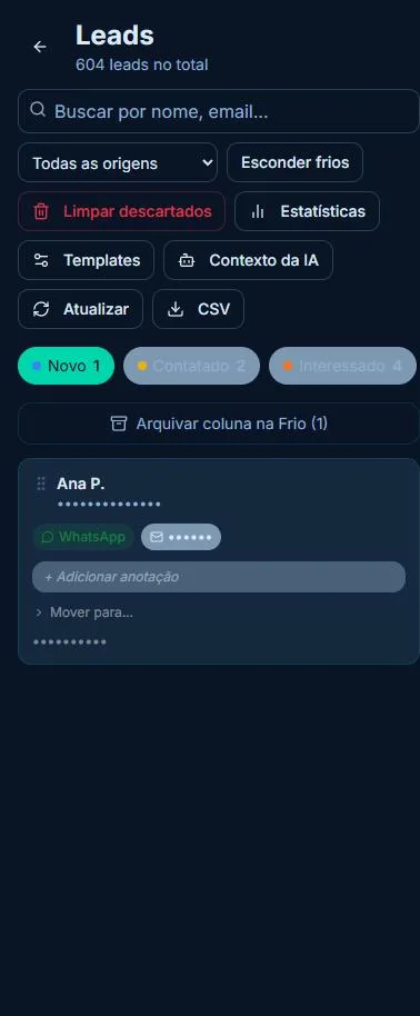 CRM de leads, com dados fictícios