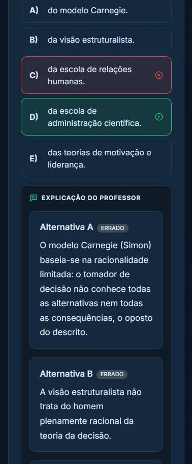 Explicação do professor por alternativa